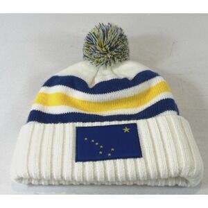 Alaskan Headwear Men Hat One Size White Striped Beanie Flag Patch Pom Pom Knit